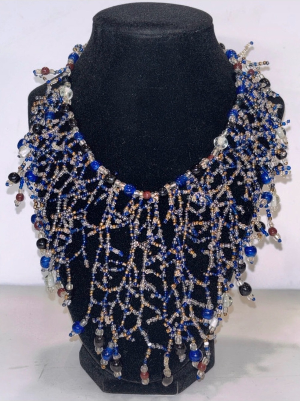 Vtg Boho Indigo Bead Fringe Collar Necklace 16.5"
Waterfall Sea Spray Statement